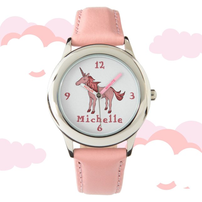 Pink Unicorn with Name Personalizable Watch (Creator Uploaded)