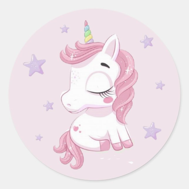Pink Unicorn with Purple Stars  Classic Round Sticker (Front)