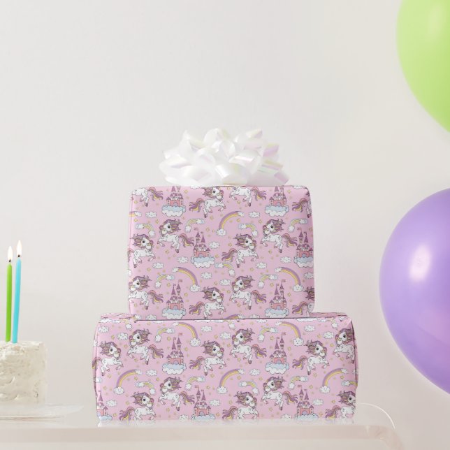 Pink Unicorns And Castles Wrapping Paper (Party Gifts)