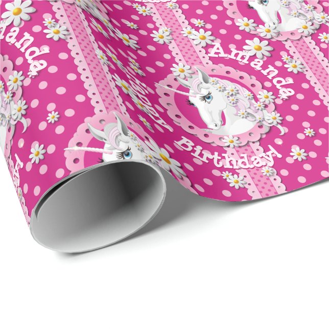 Pink Unicorns are Magic Personalized Birthday Wrapping Paper (Roll Corner)