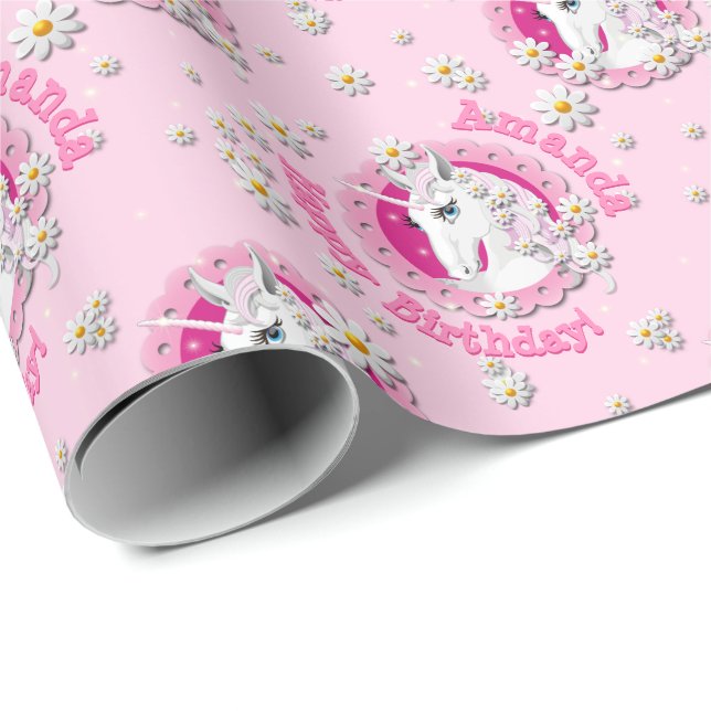 Pink Unicorns are Magic Personalized Birthday Wrapping Paper (Roll Corner)