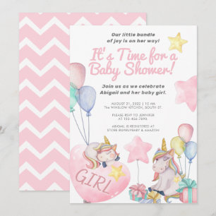 Pink Unicorns & Balloons - Cute Girl Baby Shower Invitation