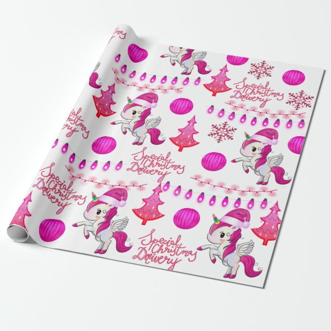 Pink Unicorns Christmas Wrapping Paper (Unrolled)