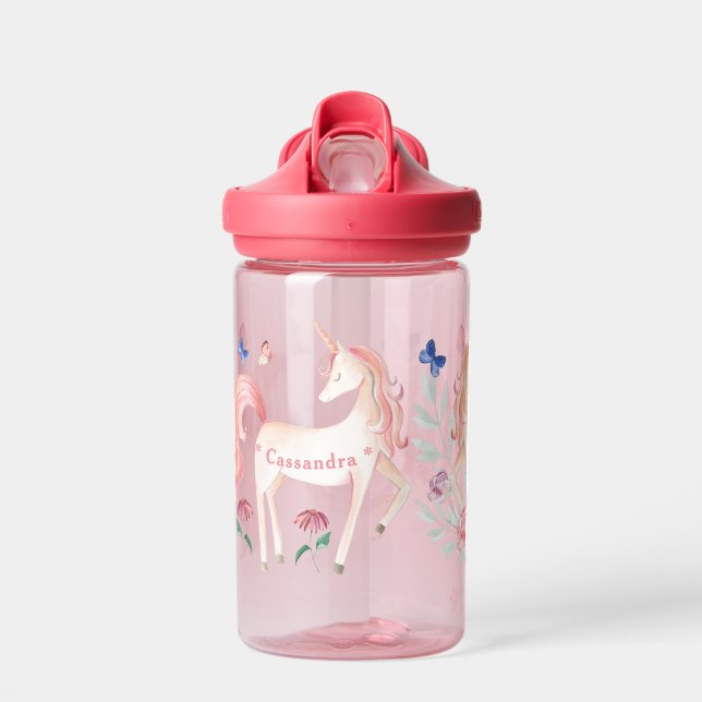 Pink Unicorns In The Flower Garden Water Bottle (Front)
