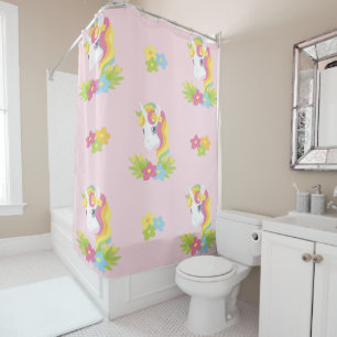 Pink Unicorns with Flowers Shower Curtain