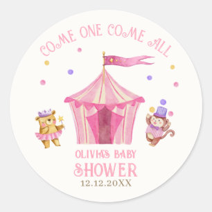 Pink Unique Circus Bear Monkey Baby Shower Classic Round Sticker