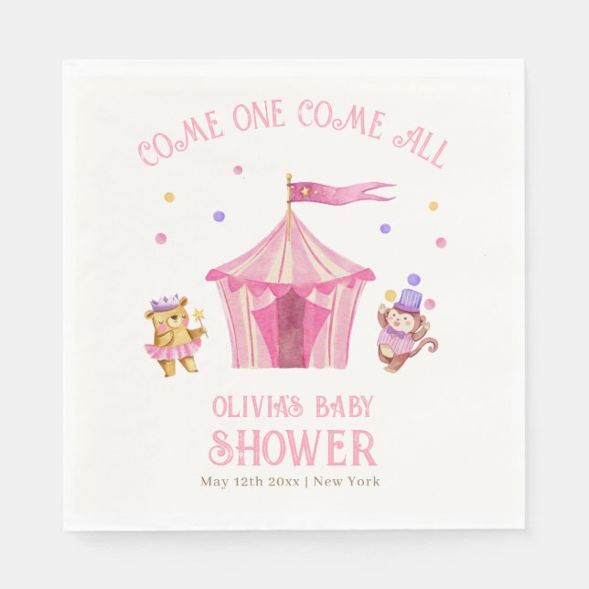 Pink Unique Circus Bear Monkey Baby Shower Napkin (Front)