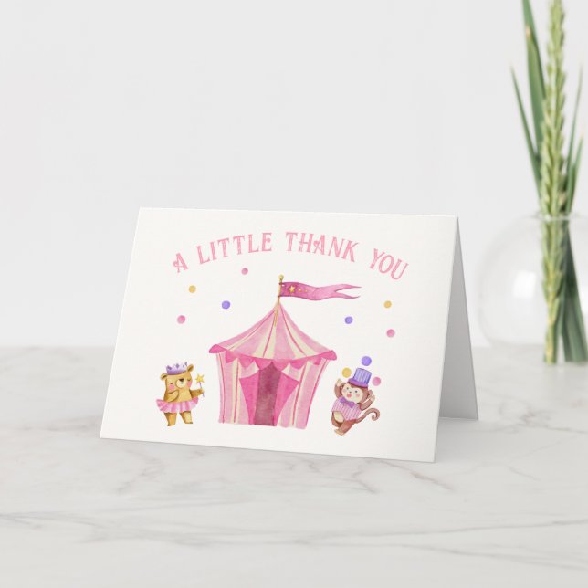 Pink Unique Circus Bear Monkey Baby Shower Thank You Card (Front)