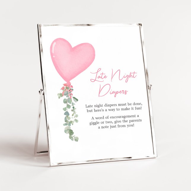 Pink Valentine Balloon Late Night Diapers Poster (A Little Sweetheart Balloon Baby Shower Late Night Diaper Sign)