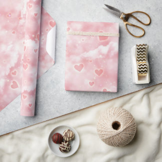 Pink Valentine Clouds Sky with Glowing Hearts Wrapping Paper