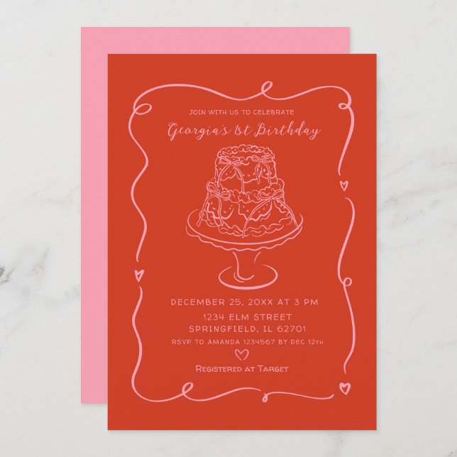 Pink Valentine Conquette Bow Girl's 1st Birthday Invitation (Front/Back)