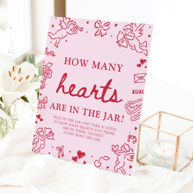 Pink Valentine Guess How Many Hearts Baby Shower  Pedestal Sign (Pink Valentine Guess How Many Hearts Baby Shower Game Sign)