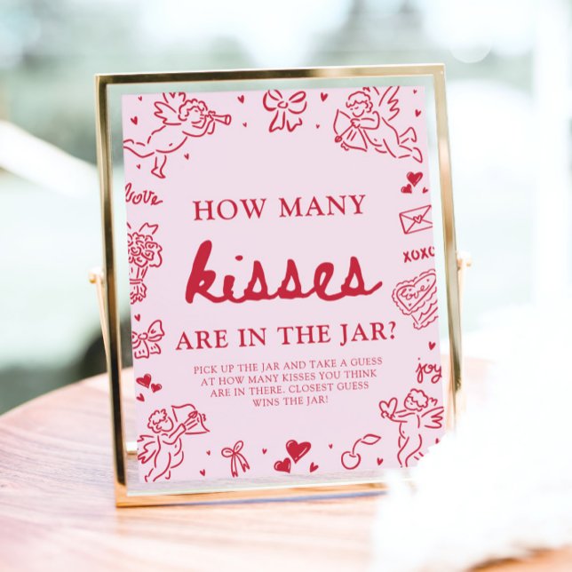 Pink Valentine Guess How Many Kisses Baby Shower  Poster (Pink Valentine Guess How Many Kisses Baby Shower Game Sign)