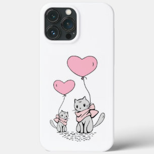 PINK VALENTINE HEART BALLOONS WITH GRAY KITTENS iPhone 13 PRO MAX CASE