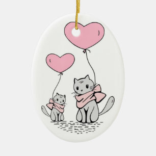 PINK VALENTINE HEART BALLOONS WITH GRAY KITTENS CERAMIC ORNAMENT