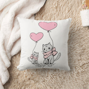 PINK VALENTINE HEART BALLOONS WITH GRAY KITTENS CUSHION