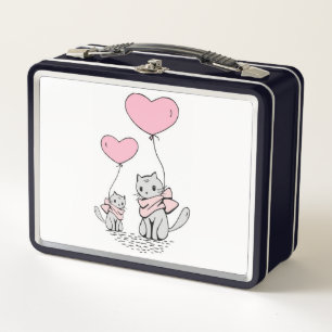 PINK VALENTINE HEART BALLOONS WITH GRAY KITTENS METAL LUNCH BOX