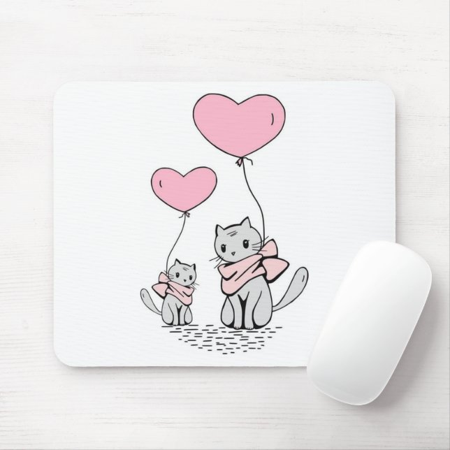 PINK VALENTINE HEART BALLOONS WITH GRAY KITTENS MOUSE PAD (With Mouse)