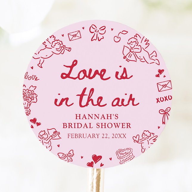 Pink Valentine Love is in the Air Bridal Shower Classic Round Sticker (Pink Valentine Love is in the Air Bridal Shower Classic Round Sticker)