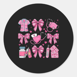 Pink Valentine Nurse Coquette Bow Heart Stethoscop Classic Round Sticker