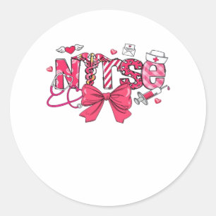 Pink Valentine Nurse, Valentine Coquette Bow Overs Classic Round Sticker