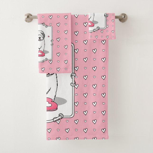 Pink Valentine Old English Sheepdog Dog Grey 1 Fun Bath Towel Set (Insitu)