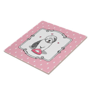 Pink Valentine Old English Sheepdog Dog Grey 1 Fun Ceramic Tile