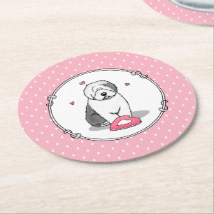 Pink Valentine Old English Sheepdog Dog Grey 1 Fun Round Paper Coaster