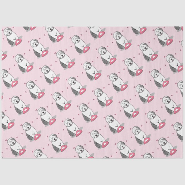 Pink Valentine Old English Sheepdog Dog Grey 1 Fun Tissue Paper (Front)