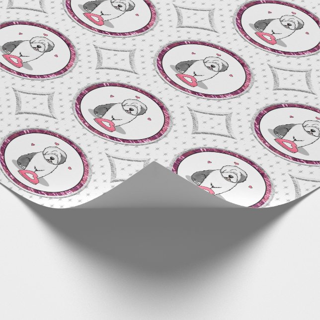 Pink Valentine Old English Sheepdog Dog Grey 1 Fun Wrapping Paper (Corner)