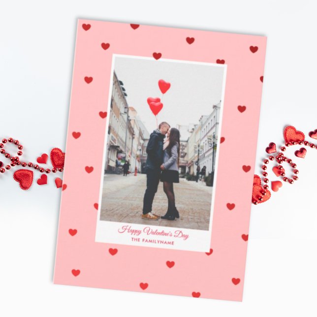 Pink Valentine’s Day photo card with red hearts (Choose this card to send your love with a touch of vintage nostalgia, just right for Valentine's)