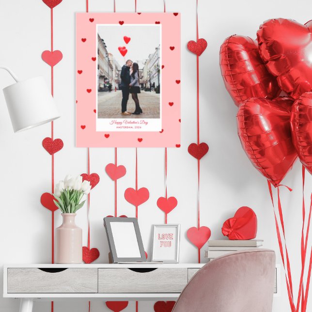 Pink Valentine’s Day photo poster with red hearts (Share your love with this personalizable photo poster, framed with cute hearts and personal words)