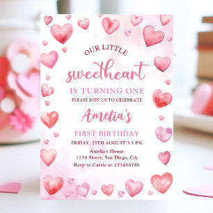 Pink Valentine Sweetheart  1st Birthday Invitation