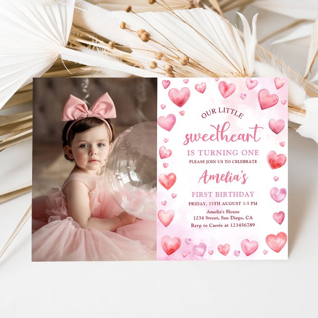 Pink Valentine Sweetheart  1st Birthday Photo Invitation (Creator Uploaded)