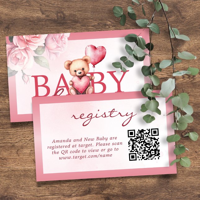 Pink Valentine Teddy Bear Registry Baby Shower Enclosure Card (Creator Uploaded)