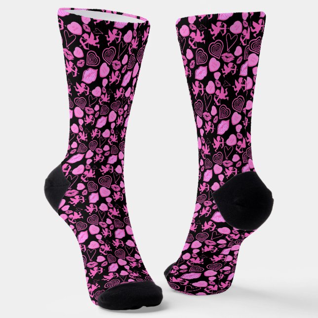 Pink Valentine's Cupid, Heart, Candies Pattern Socks (Angled)