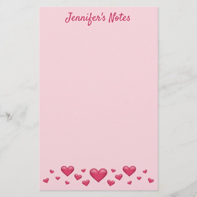 Pink Valentine's Day Hearts & Custom Text Stationery (Front)