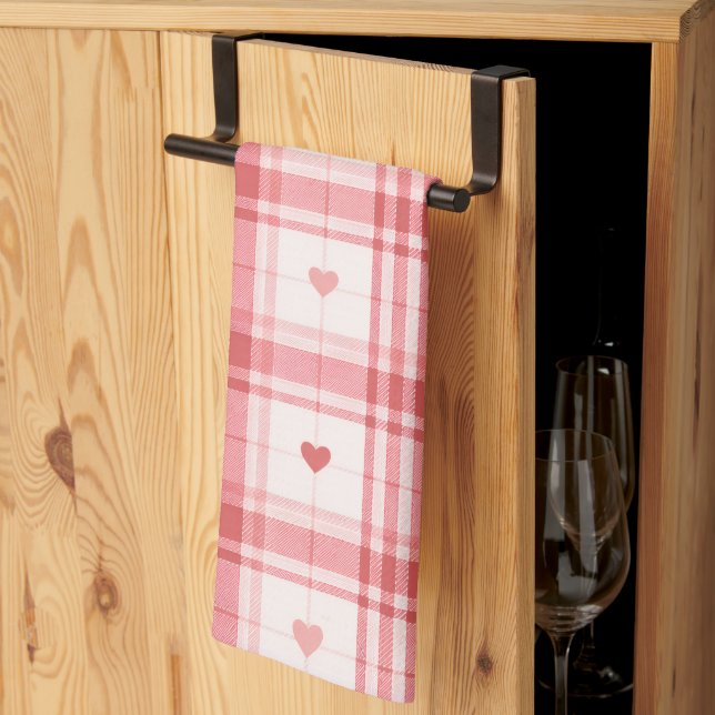 Pink Valentine's Day Romantic Plaid Heart Pattern Tea Towel (Thirds Fold)