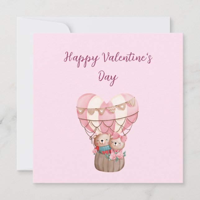 Pink Valentine's Day teddy bear hot air balloon Ca Card (Front)