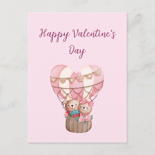 Pink Valentine's Day teddy bear hot air balloon Ca Postcard (Front)