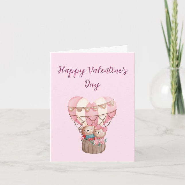 Pink Valentine's Day teddy bear hot air balloon Card (Front)