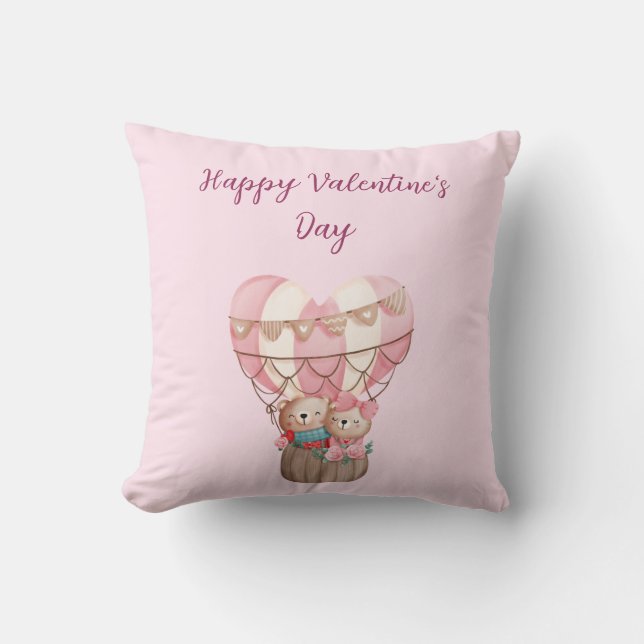 Pink Valentine's Day teddy bear hot air balloon Cushion (Front)