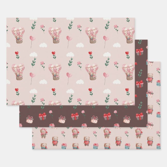 Pink Valentine's Day teddy bear romantic balloon Wrapping Paper Sheet (Set)