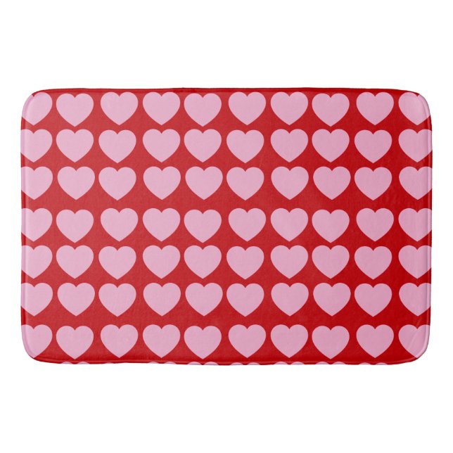 Pink Valentines Hearts on Red Bath Mat (Front)