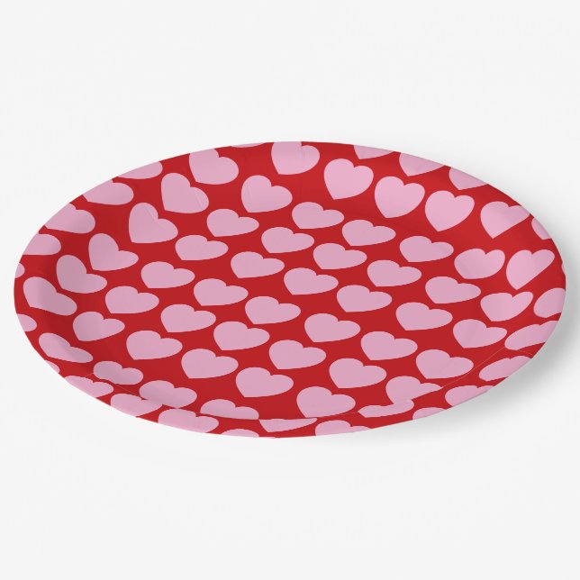 Pink Valentines Hearts on Red Paper Plate (Angled)