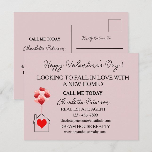 Pink Valentine's Real Estate Marketing Farming  Holiday Postcard (Front/Back)