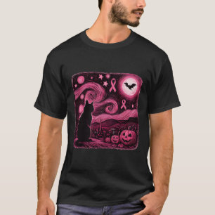 Pink Van Gogh Cat Halloween Breast Cancer Awarenes T-Shirt