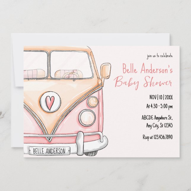 Pink van vintage baby shower invitation (Front)