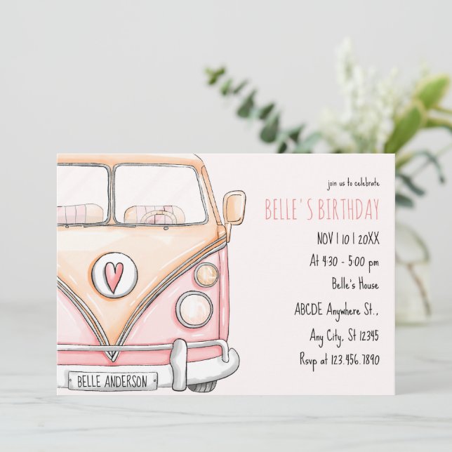 Pink van vintage invitation (Standing Front)