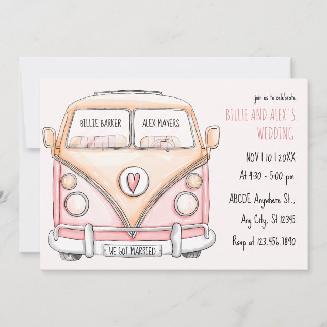 Pink van vintage wedding invitation (Front)